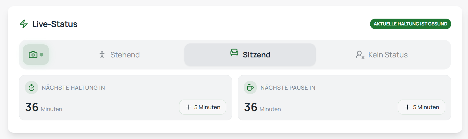 SitzFritz Live-Status-Widget zeigt die aktuelle Sitzhaltung sowie den Countdown bis zur nächsten Haltungsprüfung und Bewegungspause.