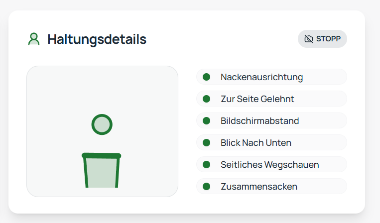 SitzFritz Haltungsdetails-Widget zeigt eine gesunde Sitzhaltung: alle sechs Kriterien sind grün markiert.